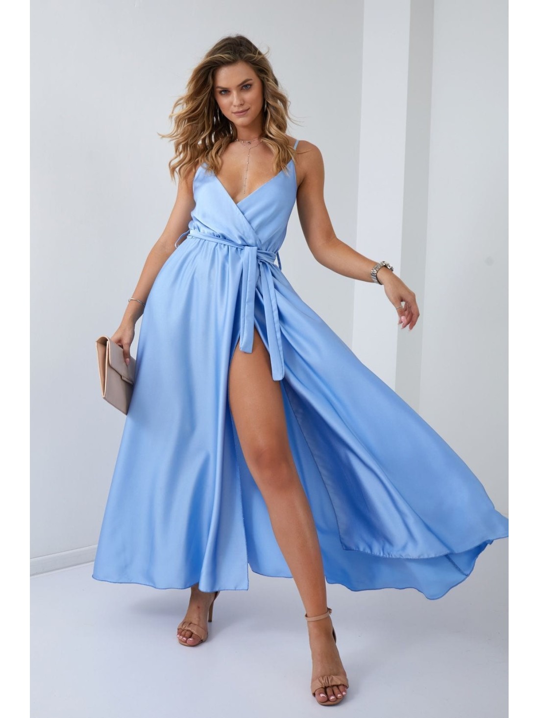 Maxi wrap dress with a belt, blue 53535 - Online store - Boutique